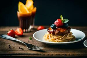a plate of spaghetti with strawberries and blueberries on it. AI-Generated photo