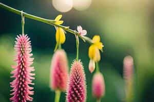 pink flowers hanging from a stem in the sun. AI-Generated photo