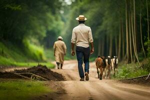 un hombre caminando abajo un suciedad la carretera con vacas generado por ai foto