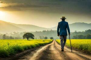 a man in a suit walks down a dirt road in a field. AI-Generated photo