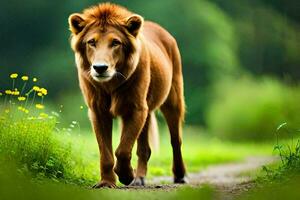 un león caminando en un camino en el césped. generado por ai foto