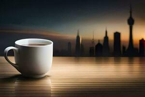 a cup of coffee on a wooden table with cityscape in the background. AI-Generated photo