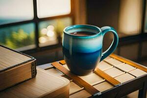 a cup of coffee on a table with books. AI-Generated photo