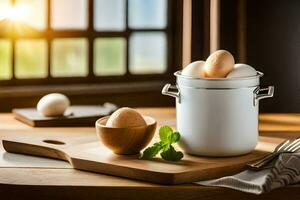 eggs in a pot on a table. AI-Generated photo