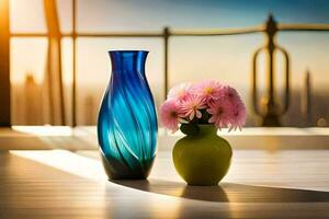 two vases with flowers on a table in front of a city. AI-Generated photo