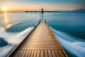 a long exposure photograph of a pier at sunset. AI-Generated photo