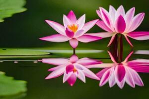 two pink lotus flowers are reflected in the water. AI-Generated photo