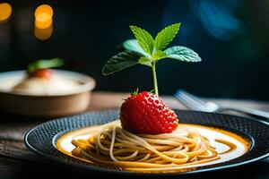 un fresa en un plato con espaguetis. generado por ai foto