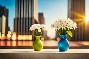 two vases with flowers on a table in front of a city skyline. AI-Generated photo