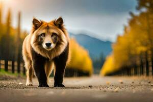 un perro caminando abajo un la carretera con amarillo arboles generado por ai foto