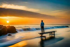 un hombre soportes en un banco con vista a el Oceano a puesta de sol. generado por ai foto