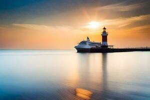 a cruise ship docked at a lighthouse at sunset. AI-Generated photo