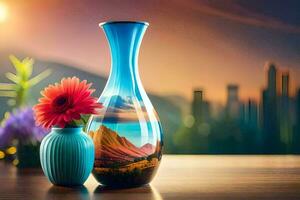 a vase with a flower and a city in the background. AI-Generated photo