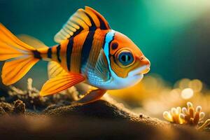 an orange and black fish with a blue background. AI-Generated photo