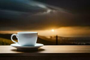 a cup of coffee on a table with a view of the sunset. AI-Generated photo