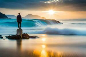 un hombre en pie en un rock en frente de el océano. generado por ai foto