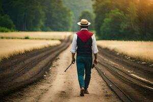 a man in a hat and vest walking down a dirt road. AI-Generated photo