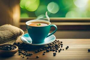 coffee beans and a cup of coffee. AI-Generated photo