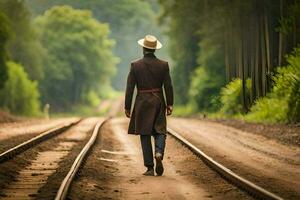 un hombre en un sombrero y Saco caminando en ferrocarril pistas generado por ai foto