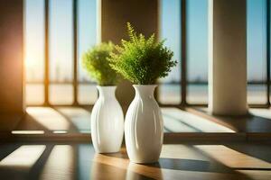 two vases with green plants on a table. AI-Generated photo