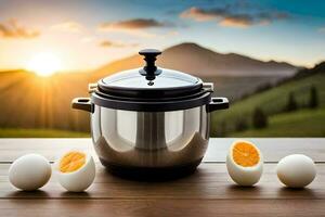 an instant pot with eggs and a pan on a table. AI-Generated photo