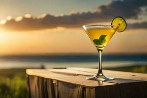 cocktail on a wooden table with sunset in the background. AI-Generated photo