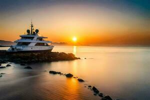 a yacht docked at the shore during sunset. AI-Generated photo