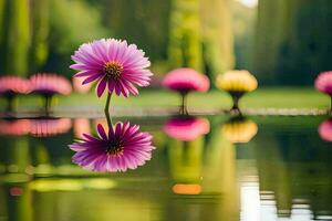 a pink flower is reflected in the water. AI-Generated photo