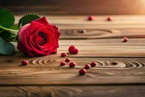 a single red rose on a wooden table. AI-Generated photo