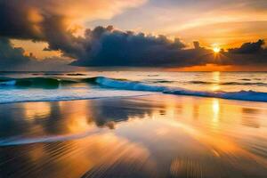 sunset on the beach with clouds reflecting in the water. AI-Generated photo