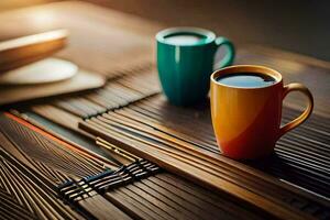 two coffee cups on a wooden table. AI-Generated photo