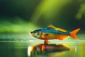 a fish is standing on the water with a green background. AI-Generated photo