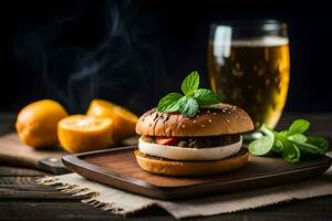 a burger with cheese and mint on a wooden board. AI-Generated photo