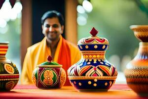 a man in an indian outfit sits in front of colorful vases. AI-Generated photo