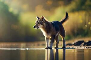 a dog standing on the shore of a river. AI-Generated photo
