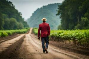 a man in a red jacket walks down a dirt road. AI-Generated photo