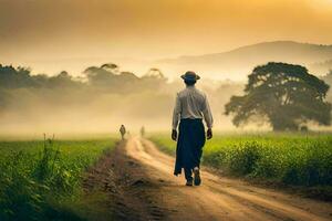 a man walking down a dirt road in the middle of a field. AI-Generated photo