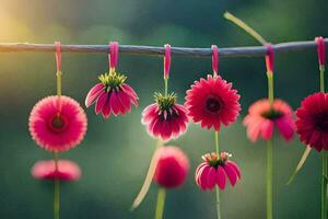 pink flowers hanging from a clothesline. AI-Generated photo