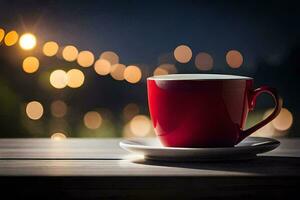 a red cup sits on a wooden table with a bokeh background. AI-Generated photo