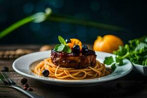 spaghetti with meat and vegetables on a plate. AI-Generated photo