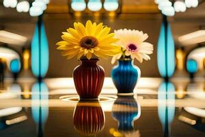 two colorful vases with flowers on a table. AI-Generated photo