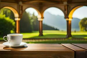 café taza en el mesa en el jardín. generado por ai foto