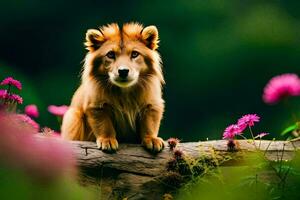 foto fondo de pantalla el cielo, flores, el bosque, el león, el leona, el león. generado por ai