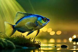 a fish is standing on the water with grass and light. AI-Generated photo