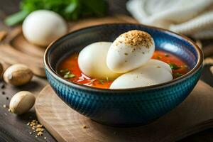 eggs in a bowl with a spoon. AI-Generated photo