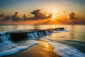 the sun rises over the ocean and the waves crash into the shore. AI-Generated photo