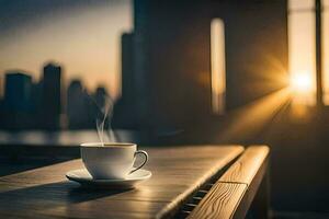 coffee cup on wooden table with cityscape in background. AI-Generated photo