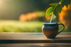 a cup of coffee on a wooden table in the morning. AI-Generated photo