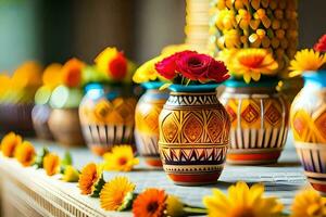 colorful vases with flowers on a table. AI-Generated photo