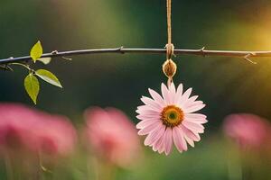 a pink flower hanging from a twig. AI-Generated photo